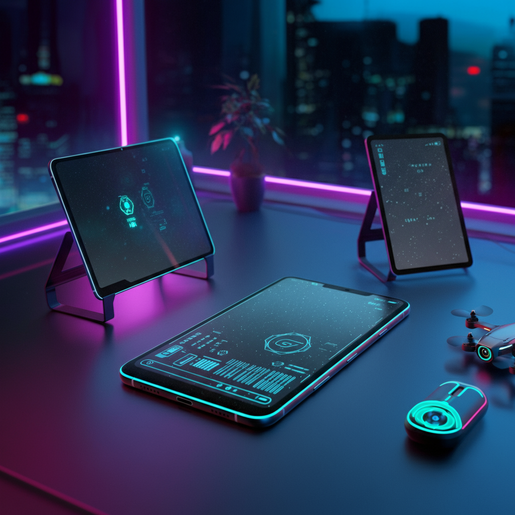 A futuristic workspace with a glowing phone, tablet, and a drone on a table. Dark city skyline outside the window.