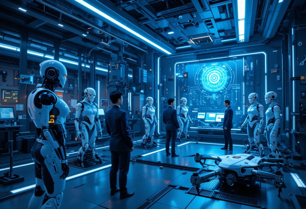 Futuristic laboratory with humanoid robots and advanced AI technology. Business professionals in suits are analyzing a high-tech digital interface with glowing blue holographic data. A robotic drone is stationed on the floor, indicating innovation in artificial intelligence and automation.