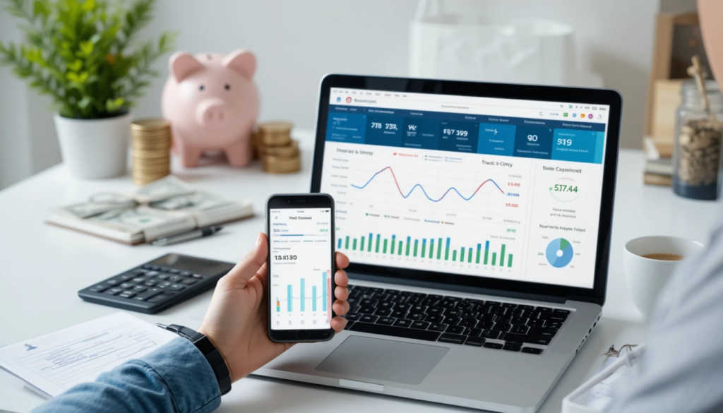 A person holding a smartphone displaying financial data, while a laptop shows graphs and charts. A piggy bank and money are in the background.