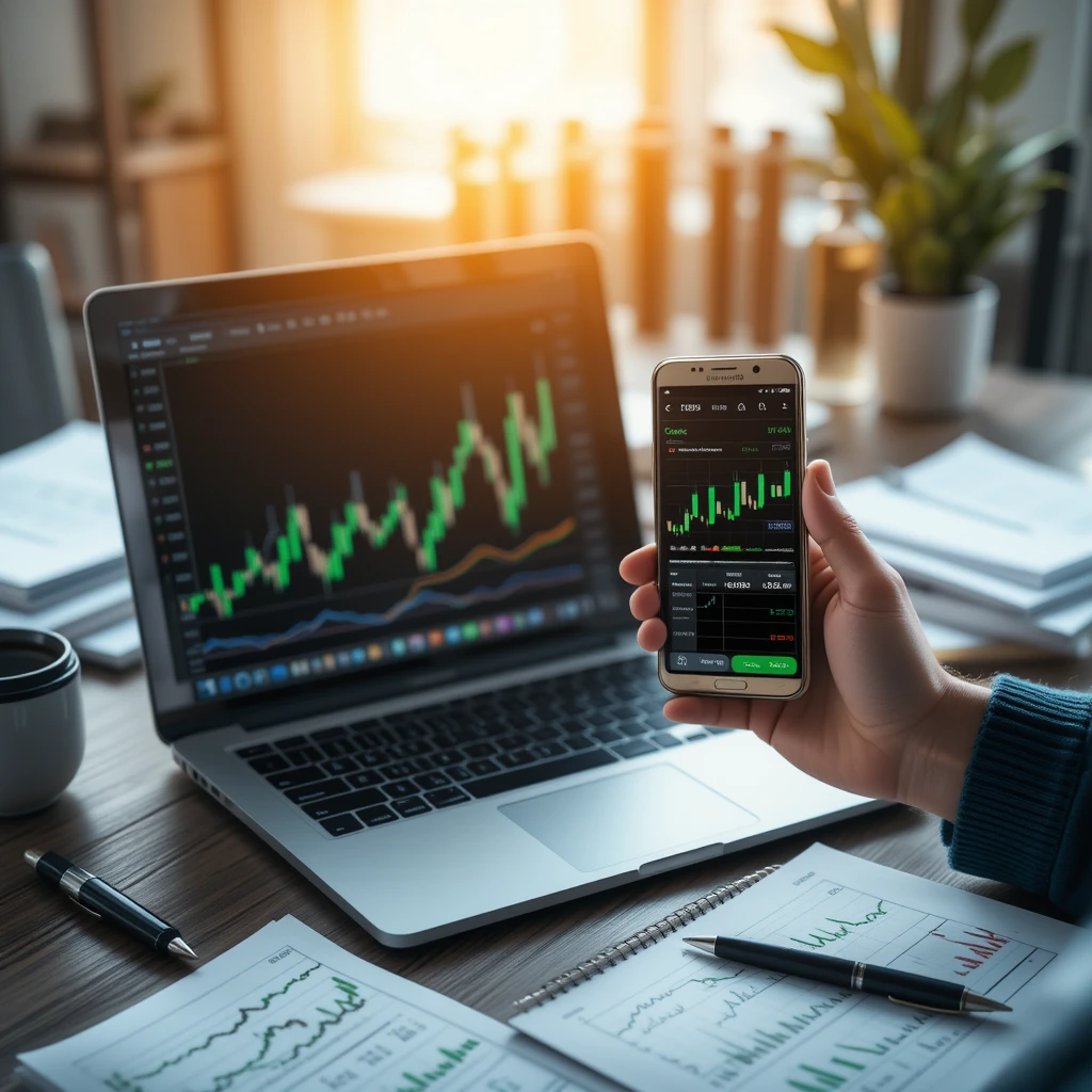 A person holding a smartphone displaying stock charts, with a laptop and financial documents on a wooden table.