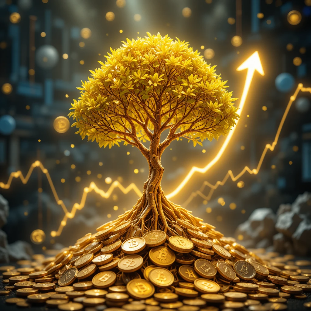 A golden tree with bright leaves grows from piles of Bitcoin coins, surrounded by a graph rising upward.