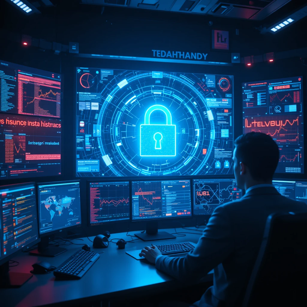 A cybersecurity expert monitoring multiple digital screens displaying security alerts, financial charts, and cyber threat intelligence. A large glowing padlock symbol in the center represents digital security, encryption, and cyber insurance protection