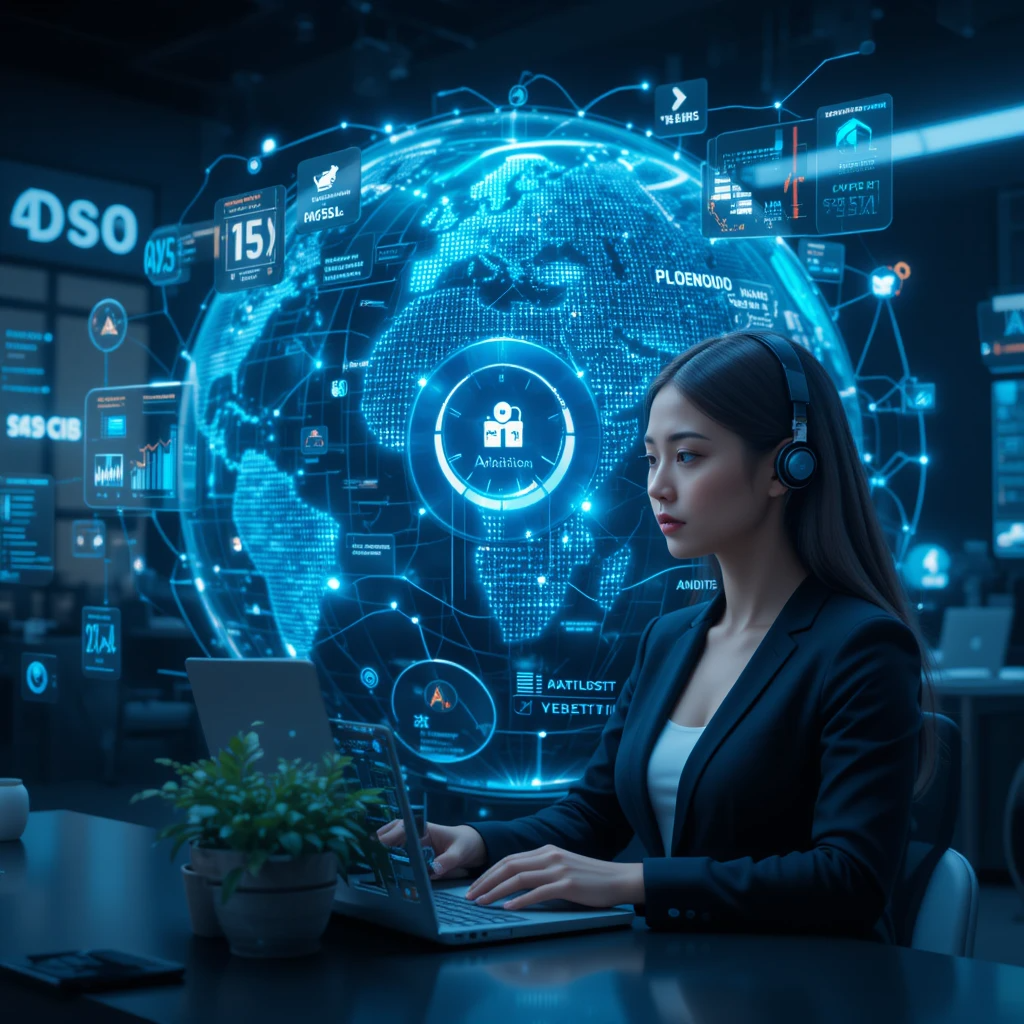 A professional woman working on a laptop in a futuristic office, analyzing global financial data displayed on a holographic digital interface. A glowing world map with interconnected nodes represents international reinsurance markets and cyber insurance networks