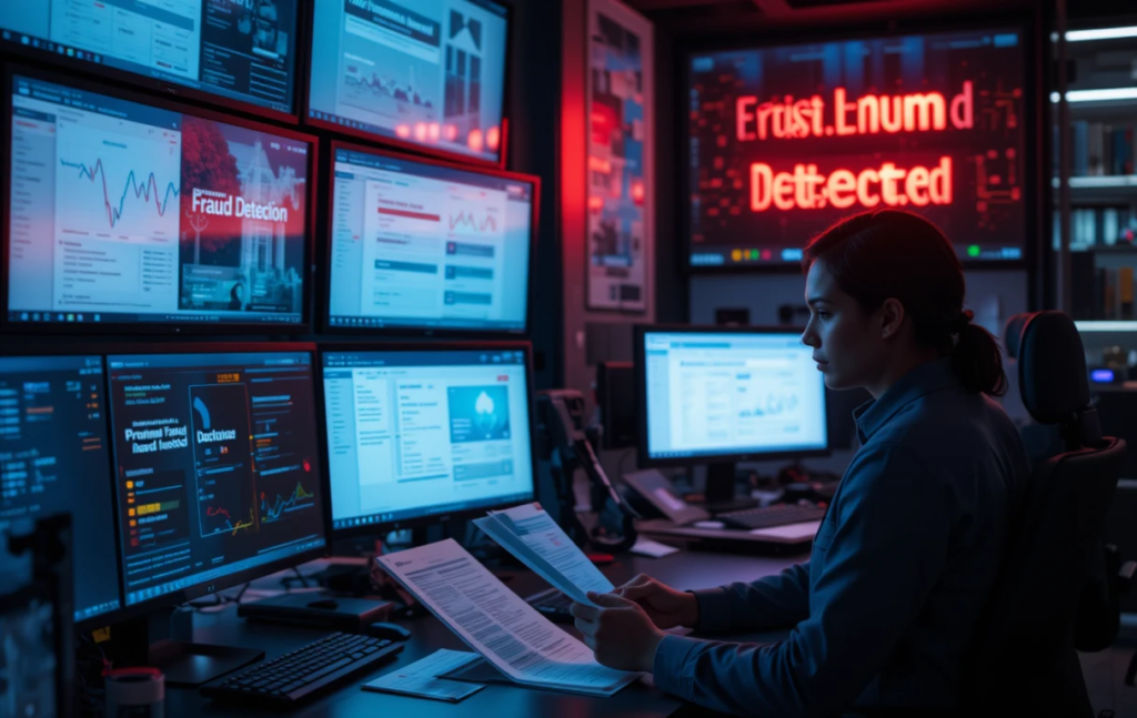 A financial analyst in a cybersecurity control room reviewing insurance documents while multiple digital screens display fraud detection alerts and financial data. A red warning sign in the background indicates 'Fraud Detected,' highlighting concerns over premium fraud in the property insurance industry.