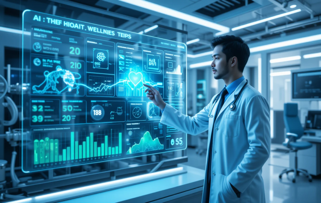 A futuristic wellness and healthcare concept featuring a digital health dashboard with real-time medical data, fitness tracking, and AI-powered health insights. A doctor in a high-tech lab coat interacts with a holographic screen displaying the latest healthcare news and wellness tips. The background includes a blend of modern medical equipment, a serene wellness environment, and a glowing blue and green color scheme, symbolizing health and vitalit